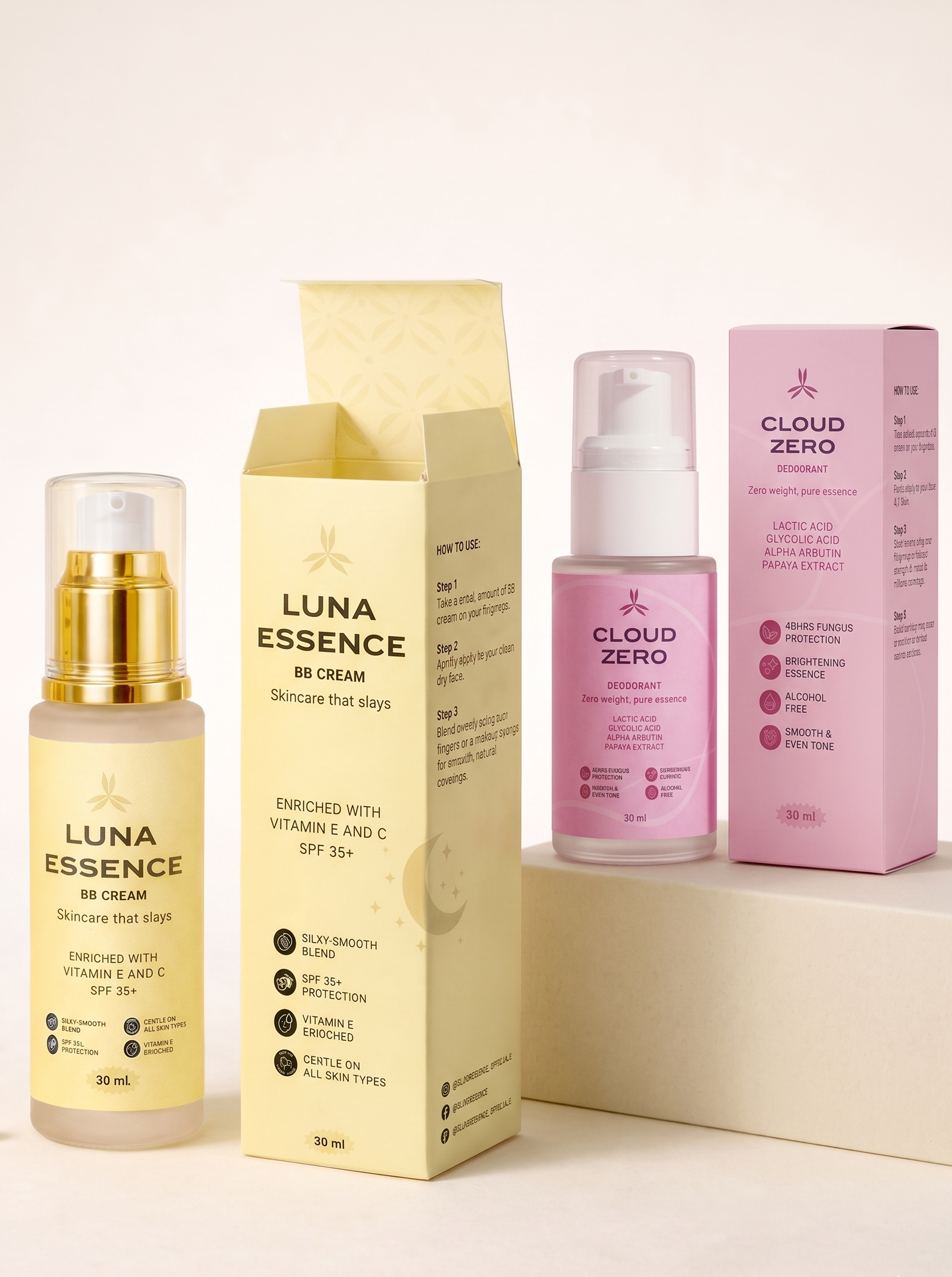 Skincare products including 'Luna Essence' and 'Cloud Zero' on a light background