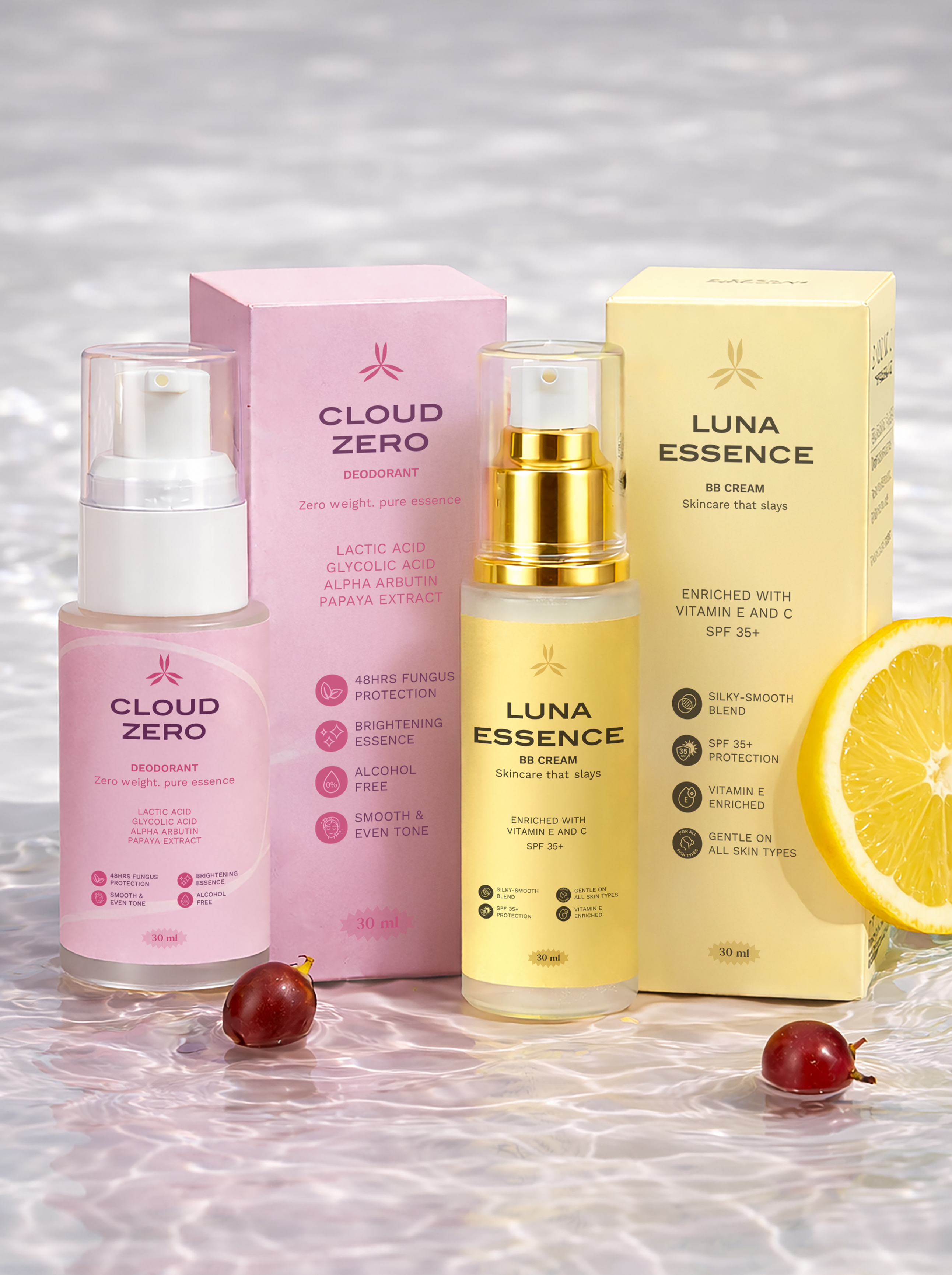 Cosmetic products including 'Cloud Zero' and 'Luna Essence' on a textured surface with a lemon and berries.