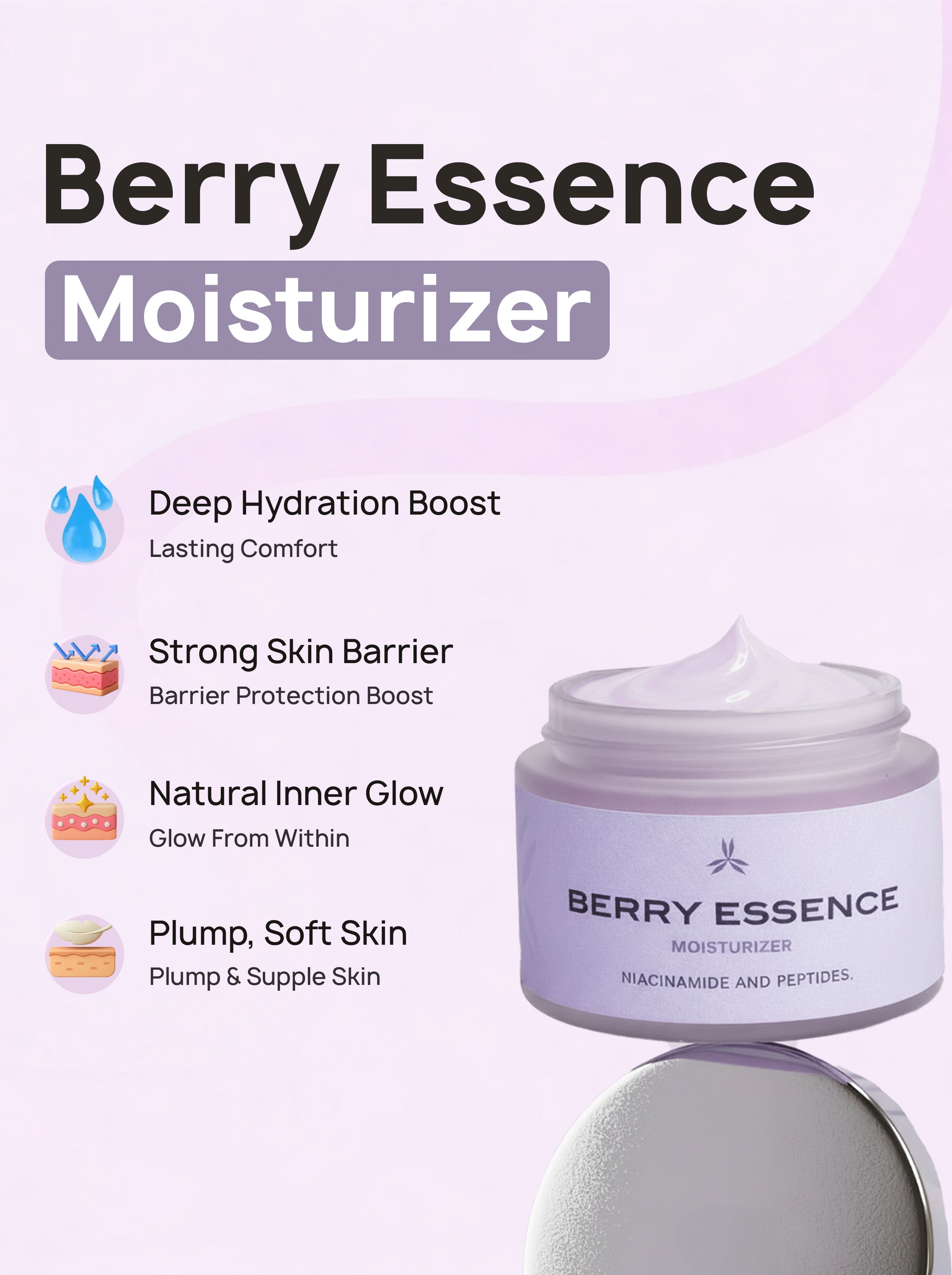 Berry Essence moisturizer with benefits listed on a light purple background