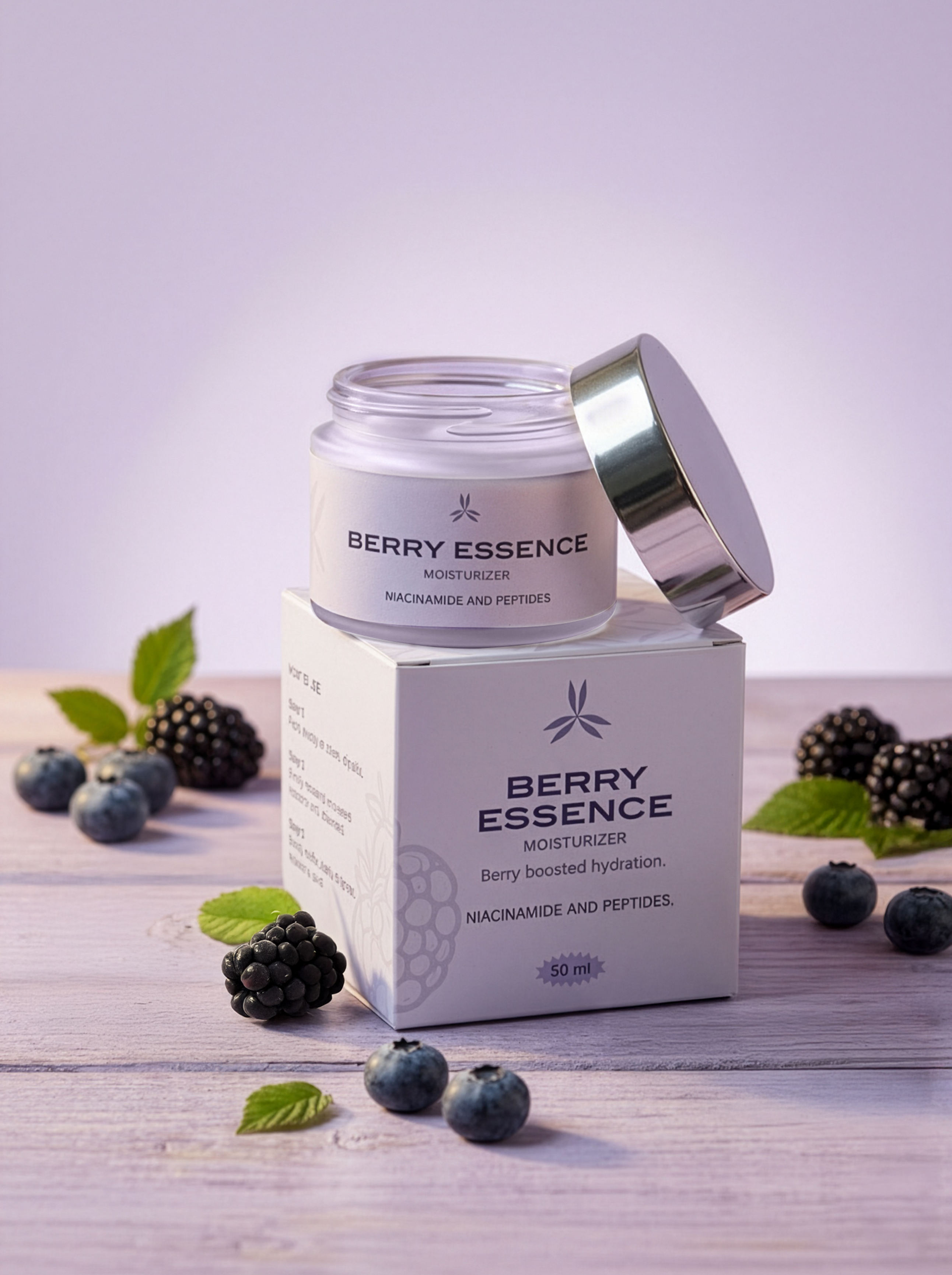 Berry Essence moisturizer jar and box with berries and leaves on a wooden surface