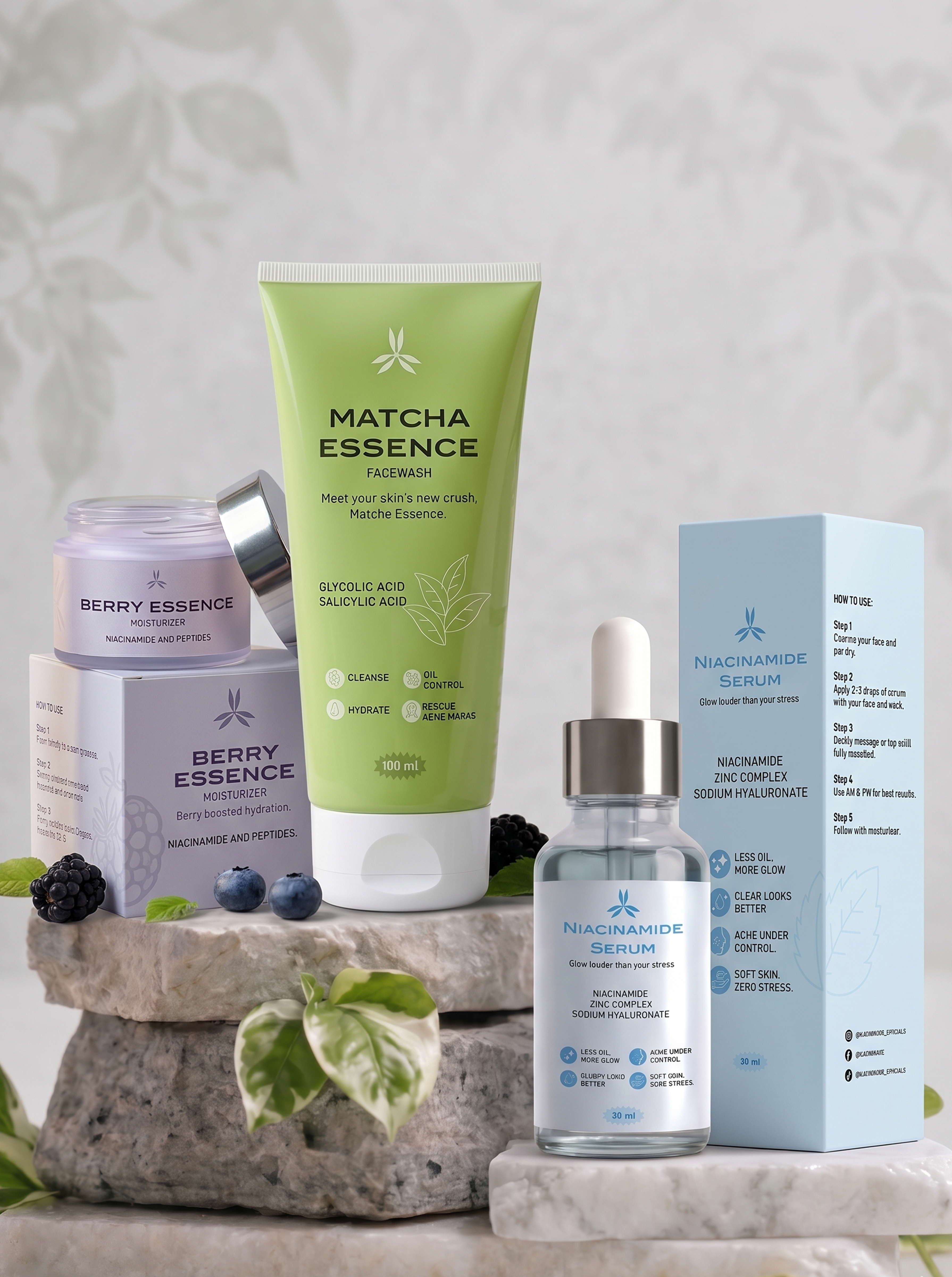 GloreSense Glow Up Kit skincare bundle flat lay facewash serum moisturizer