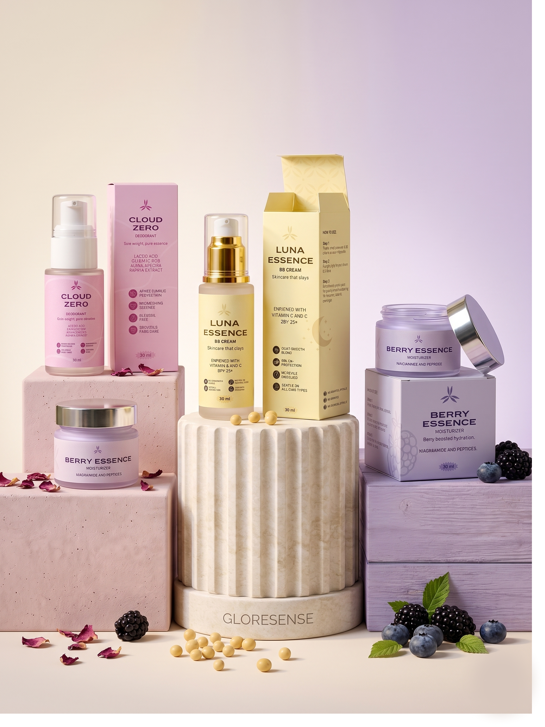 Gloresence skincare products on a light purple background