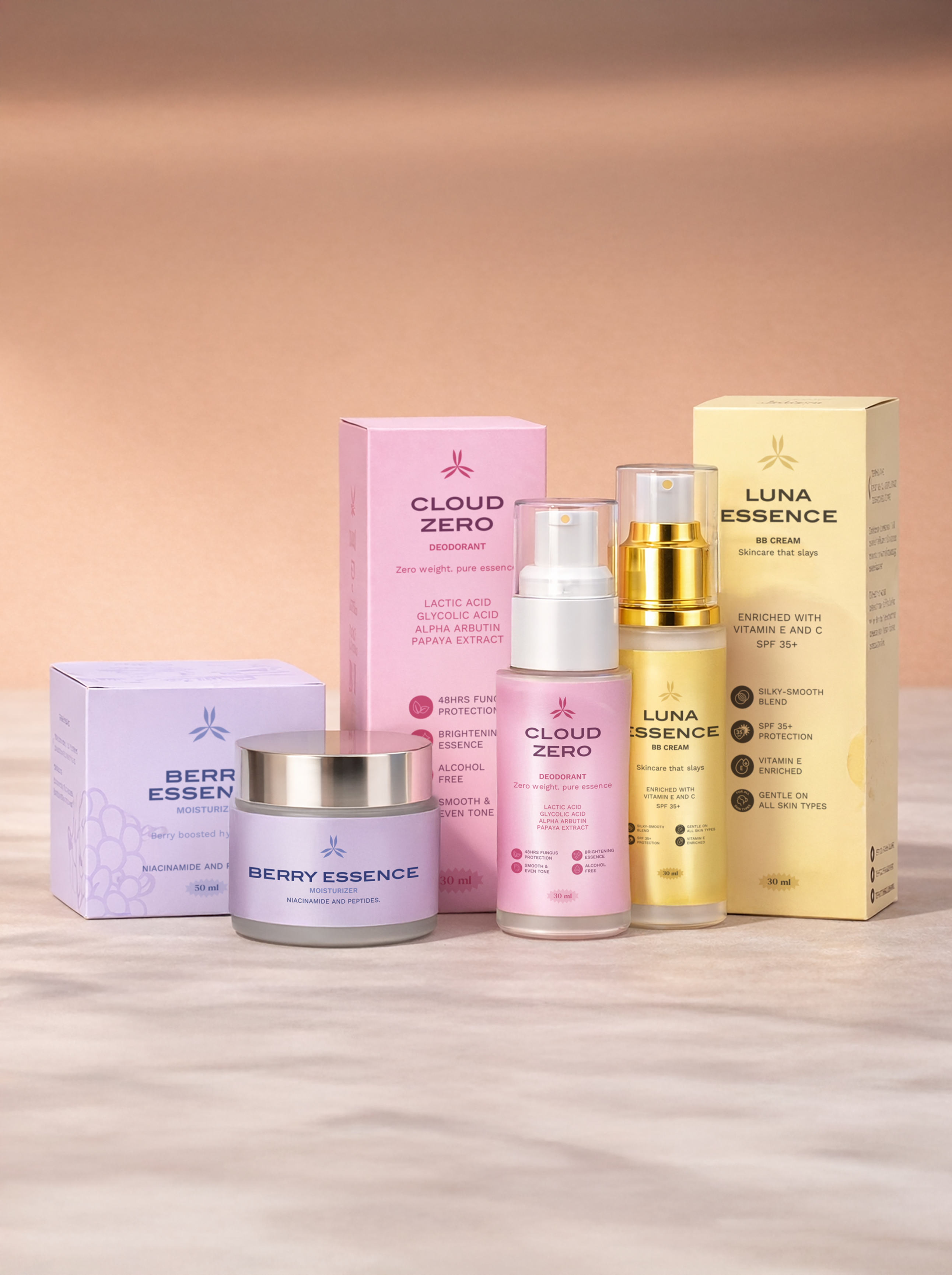 Collection of skincare products with visible branding on a neutral background