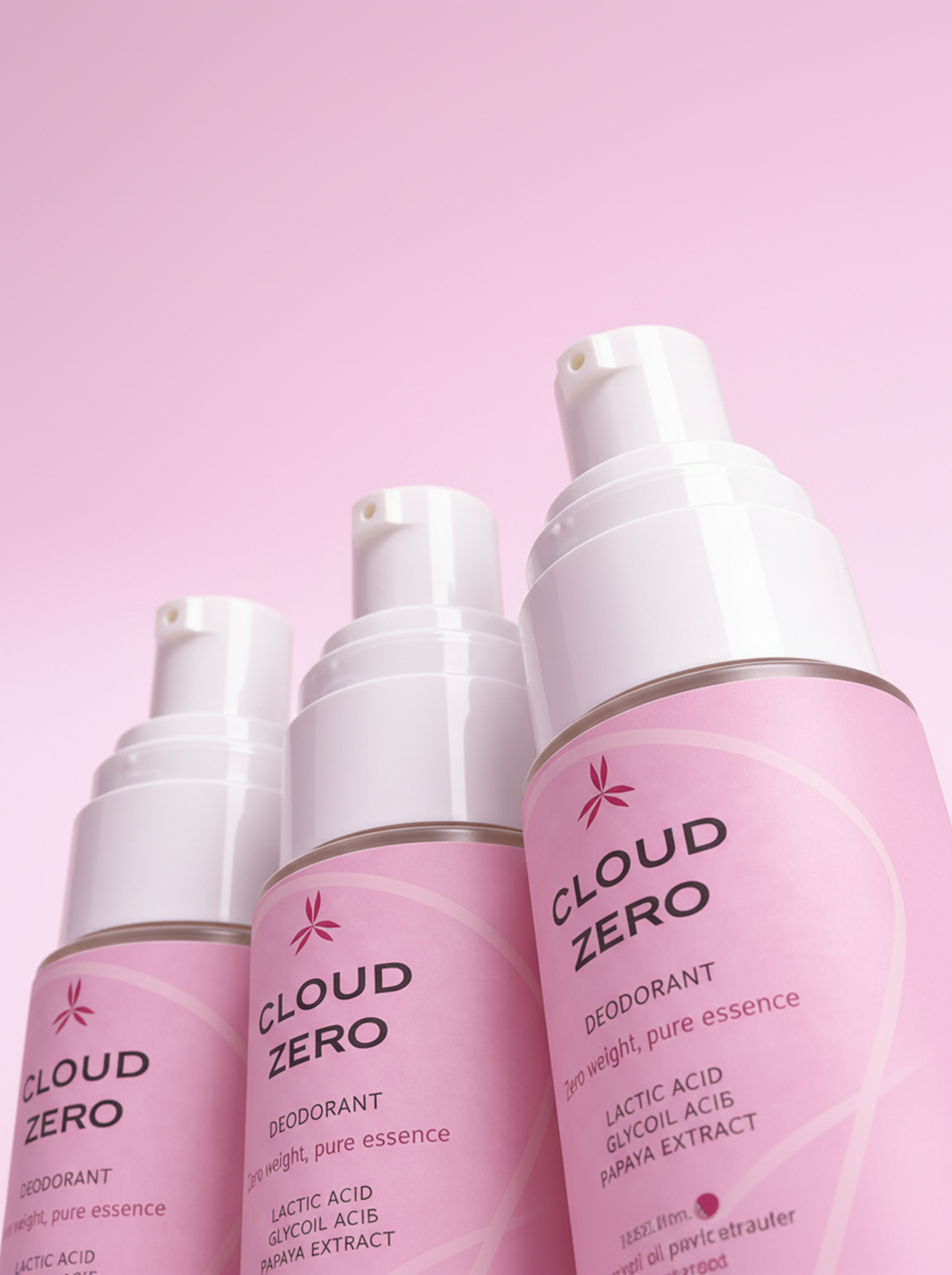 Three bottles of Cloud Zero deodorant on a pink background