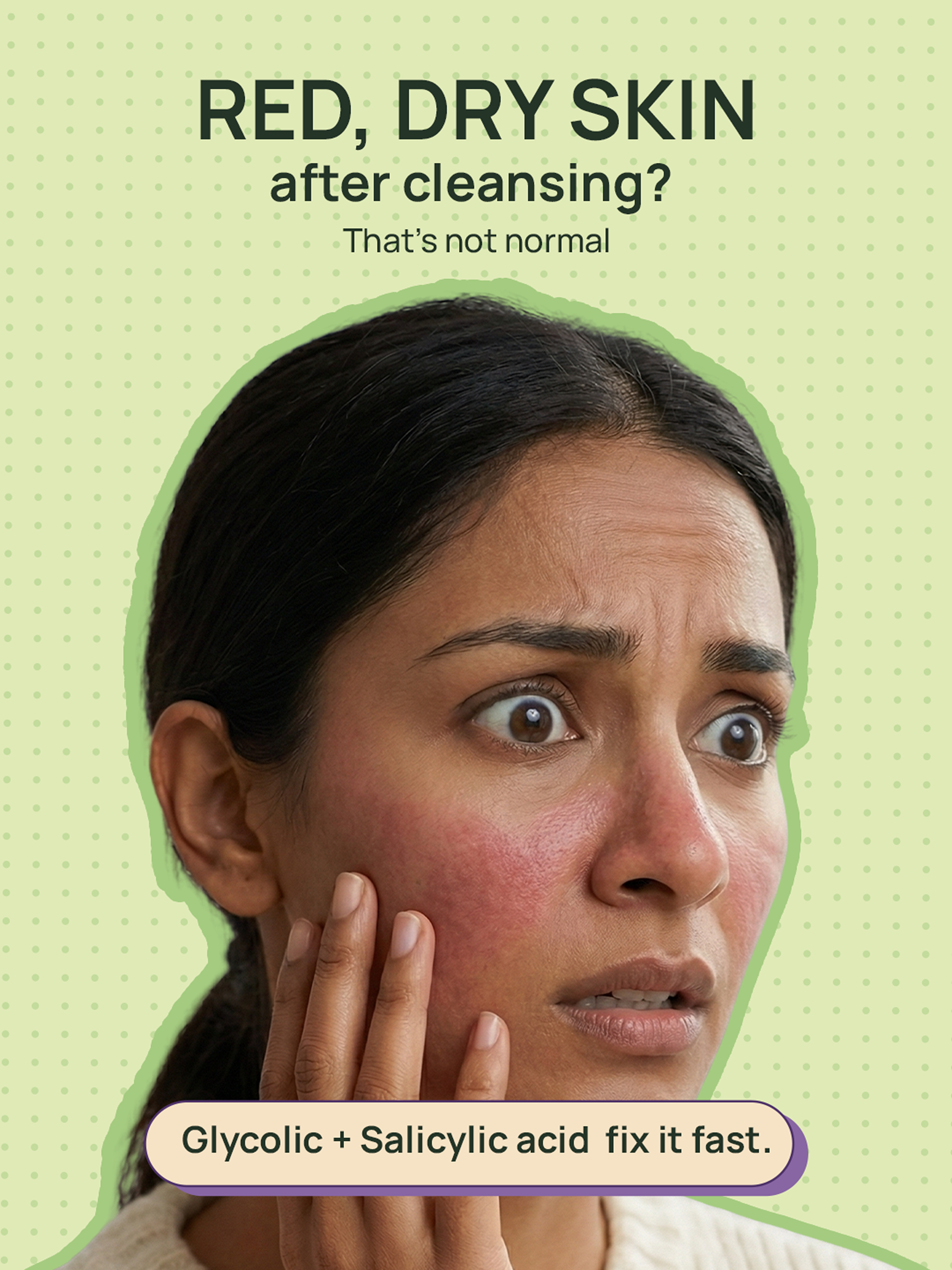 Woman with red, dry skin on a green background with text about skincare issues and solutions.