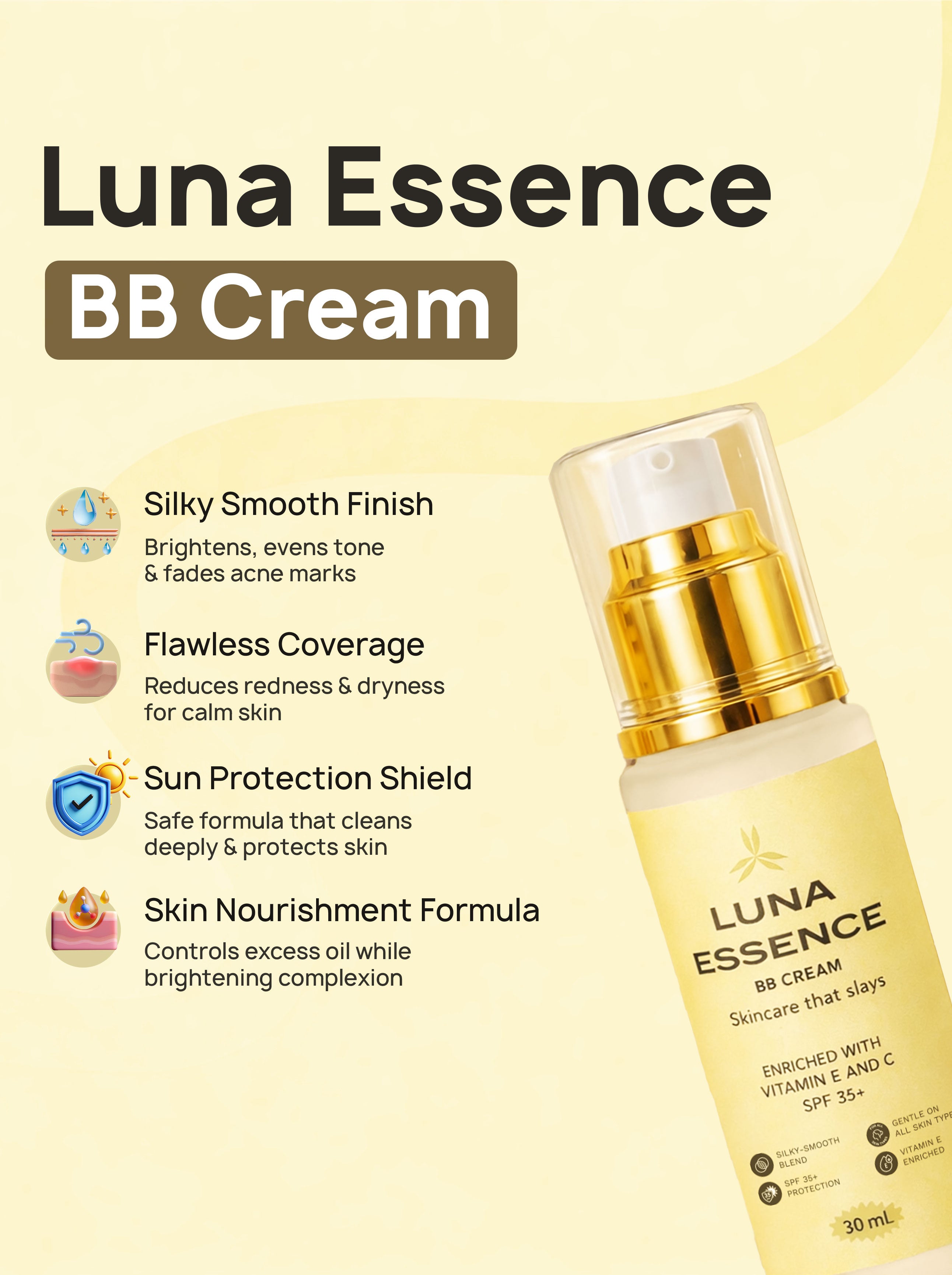 Luna Essence BB Cream bottle with product features on a beige background