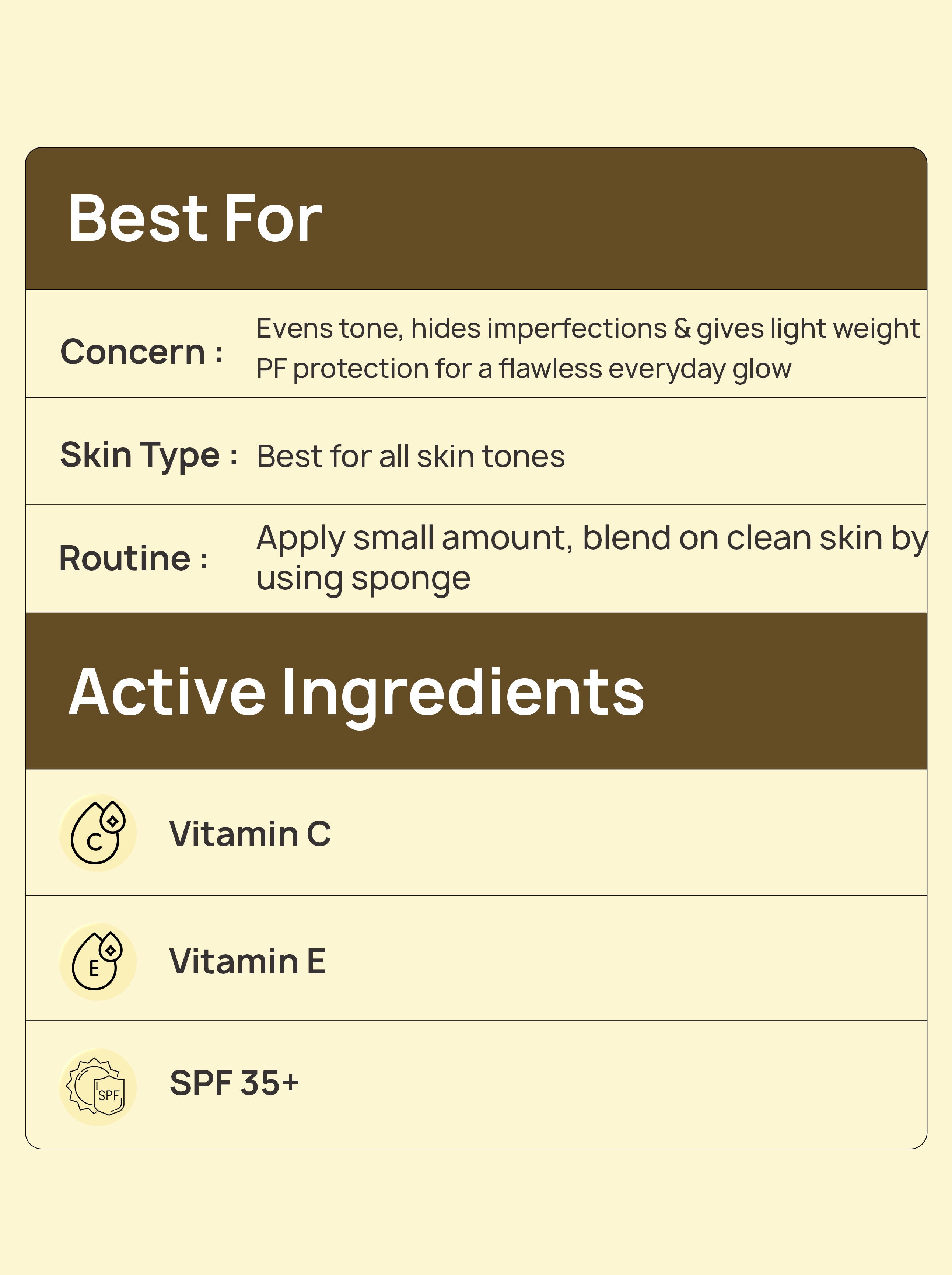Product label with text about a skincare product's benefits, skin type suitability, and active ingredients.