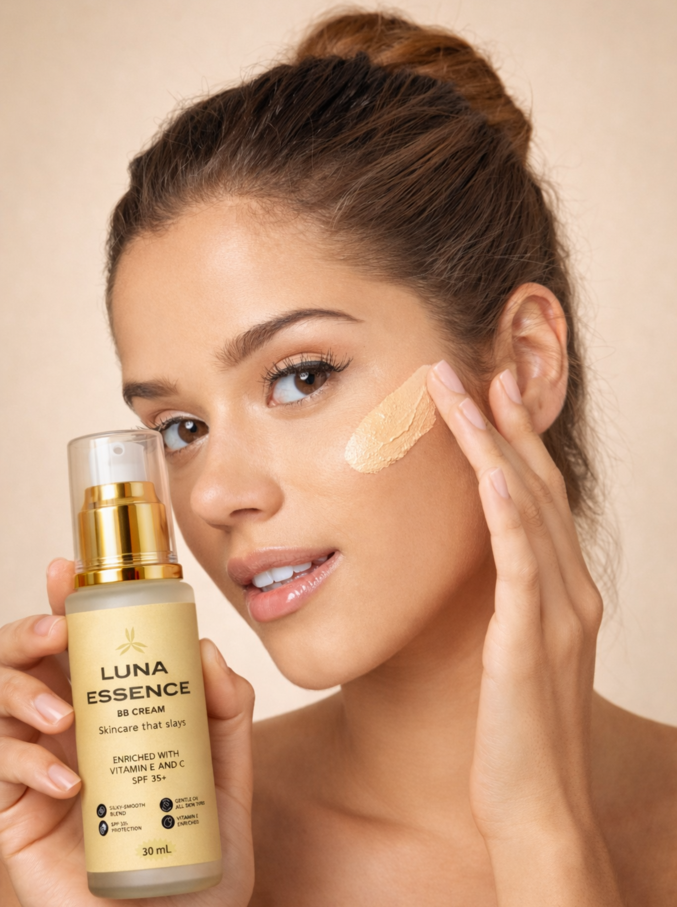 Woman applying Luna Essence BB cream to her face with a beige background