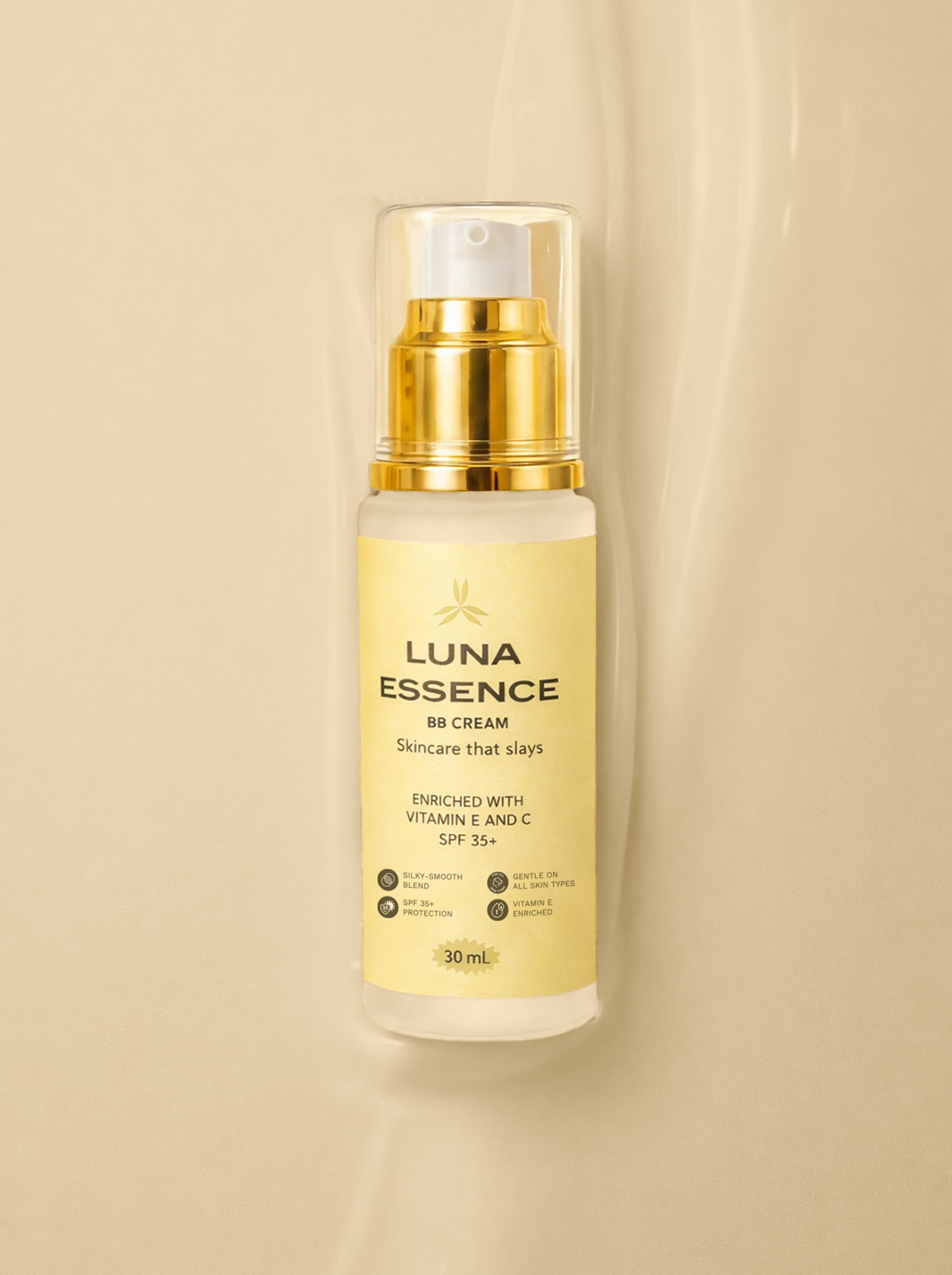 Luna Essence BB Cream bottle on a beige background