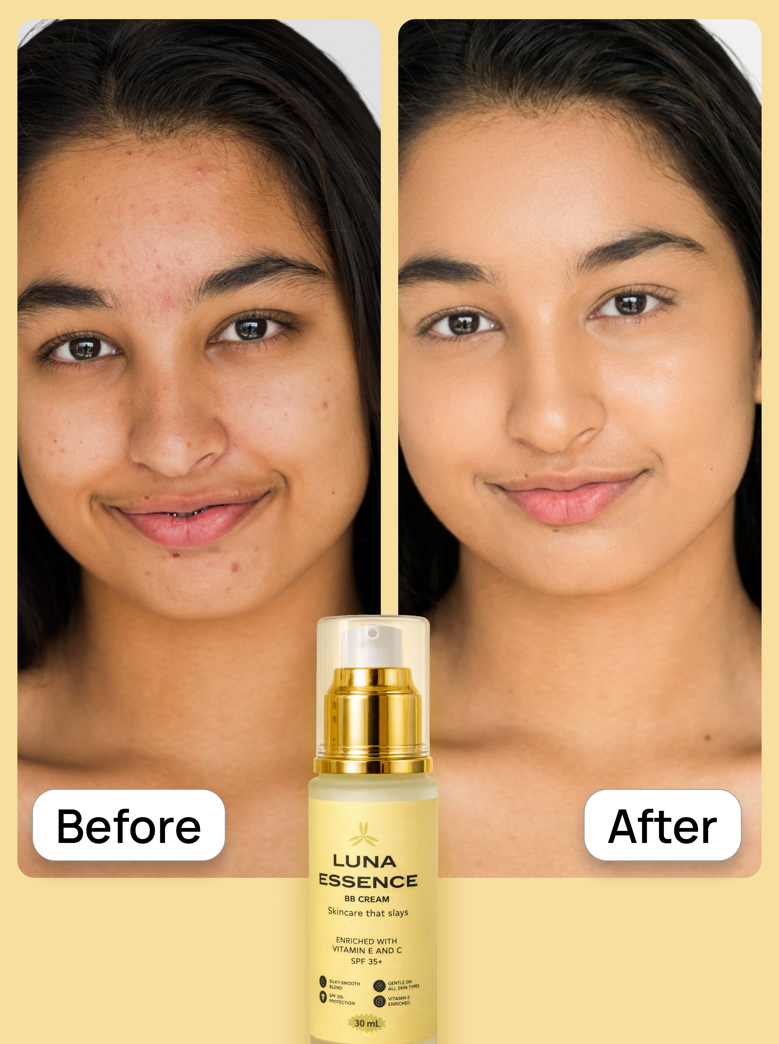 Before and after comparison of a person's face with Luna Essence product between them.
