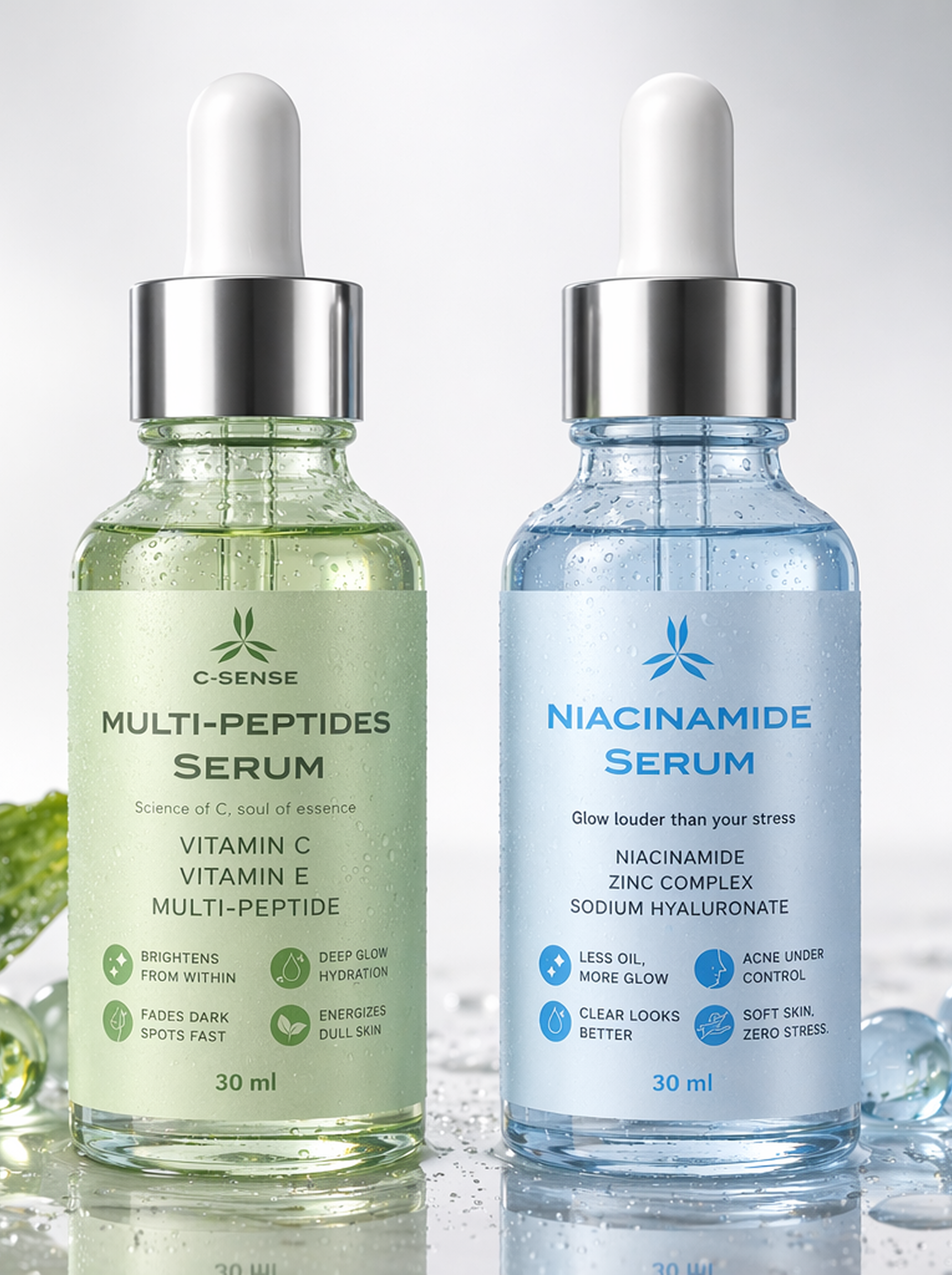 Two skincare serum bottles, one labeled 'Multi-Peptides Serum' and the other 'Niacinamide Serum', on a light background.