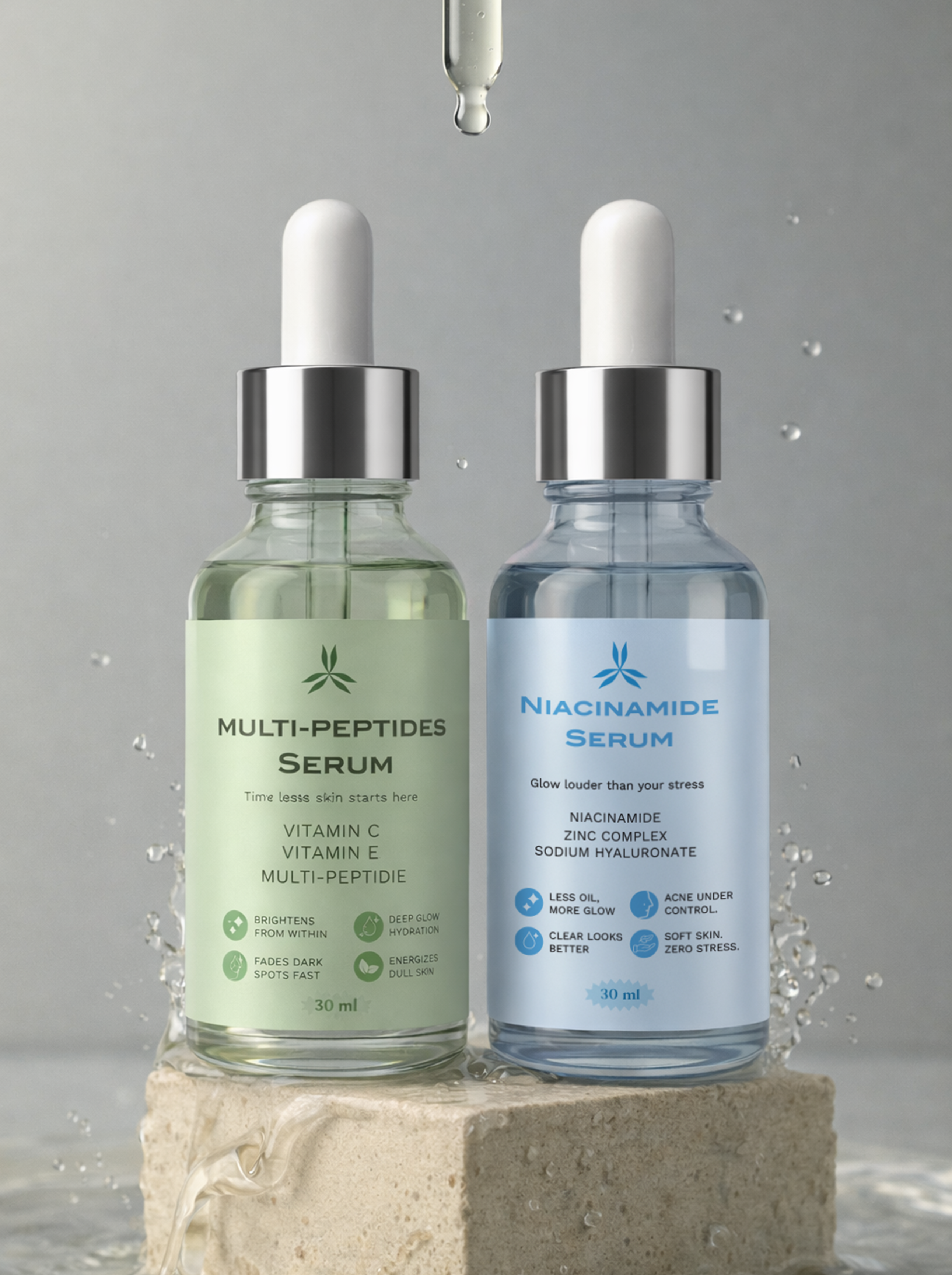Two skincare serum bottles, one labeled 'Multi-Peptides Serum' and the other 'Niacinamide Serum', on a gray background.