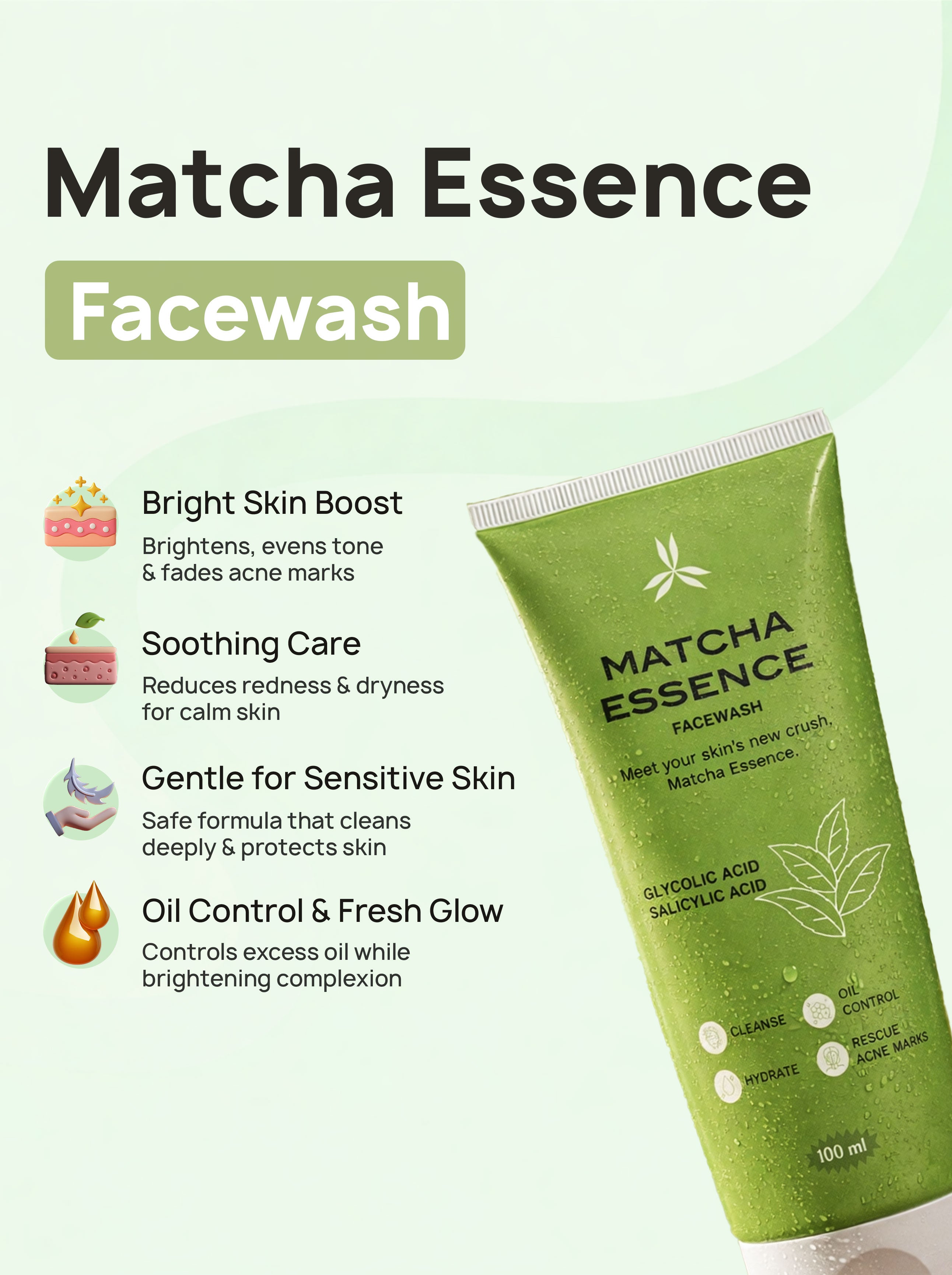 GloreSense Matcha Essence Facewash salicylic acid glycolic acid front label