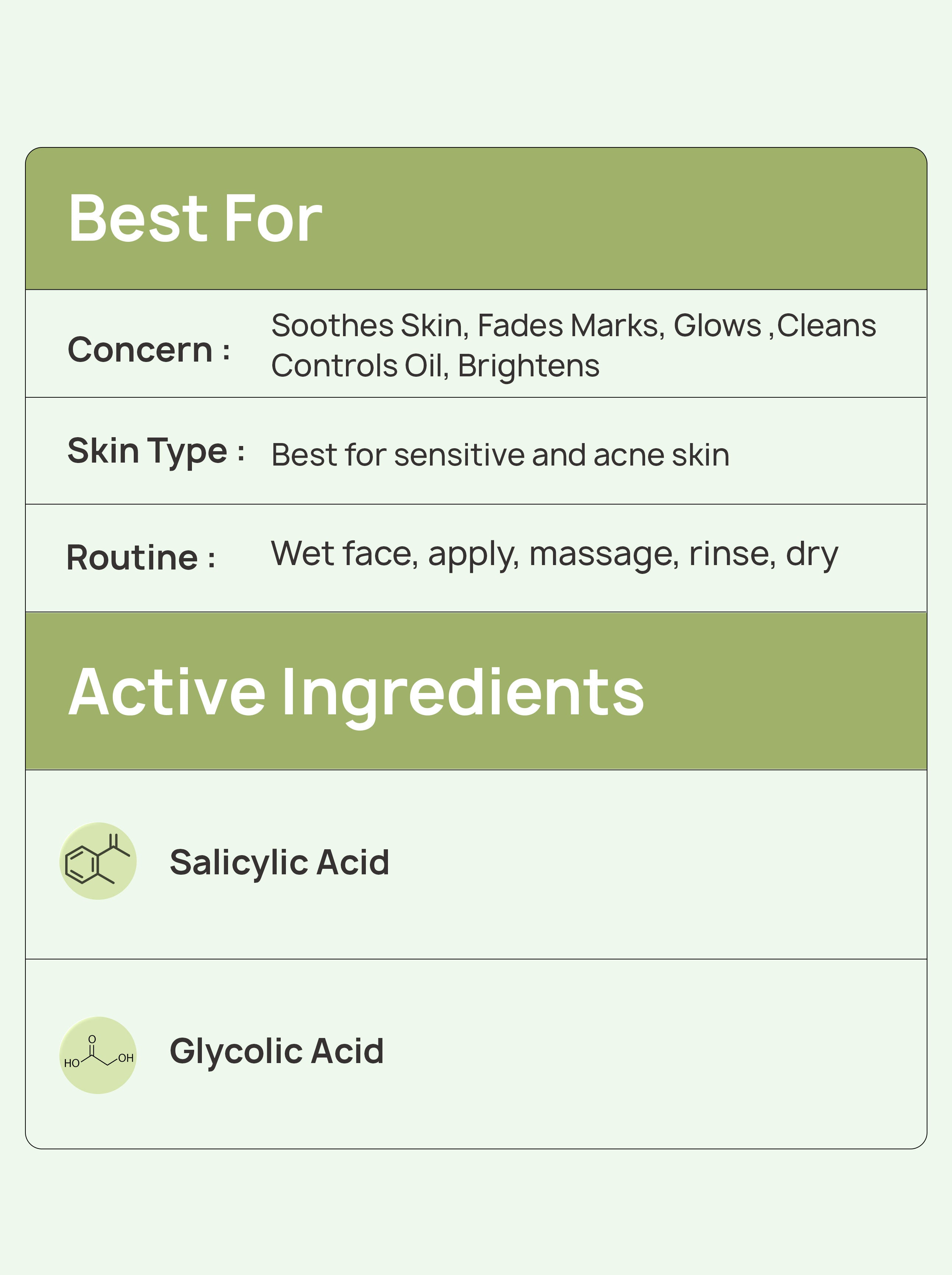 Product label with benefits, skin type suitability, and active ingredients on a light green background