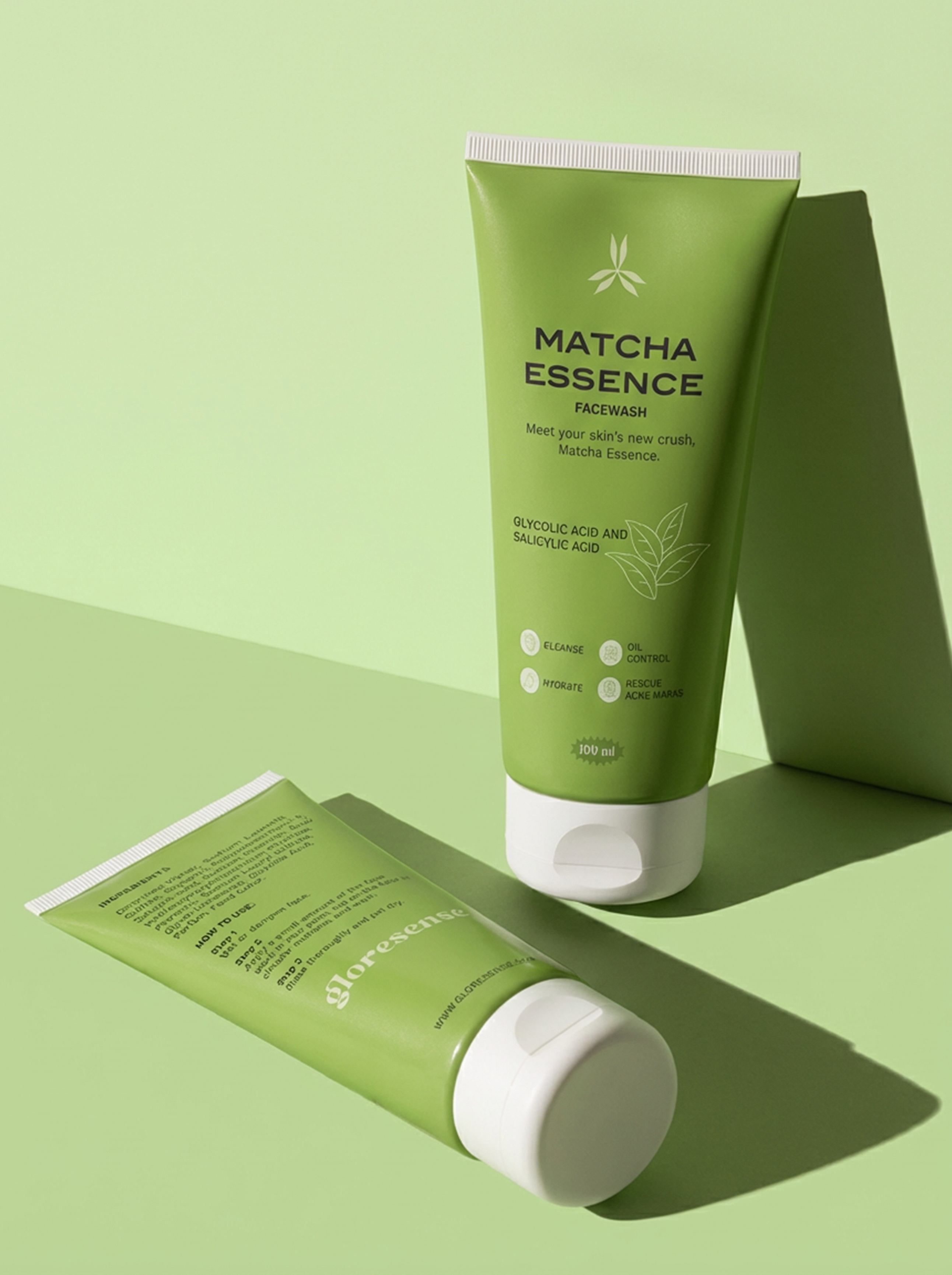 Two green tubes of Matcha Essence on a light green background