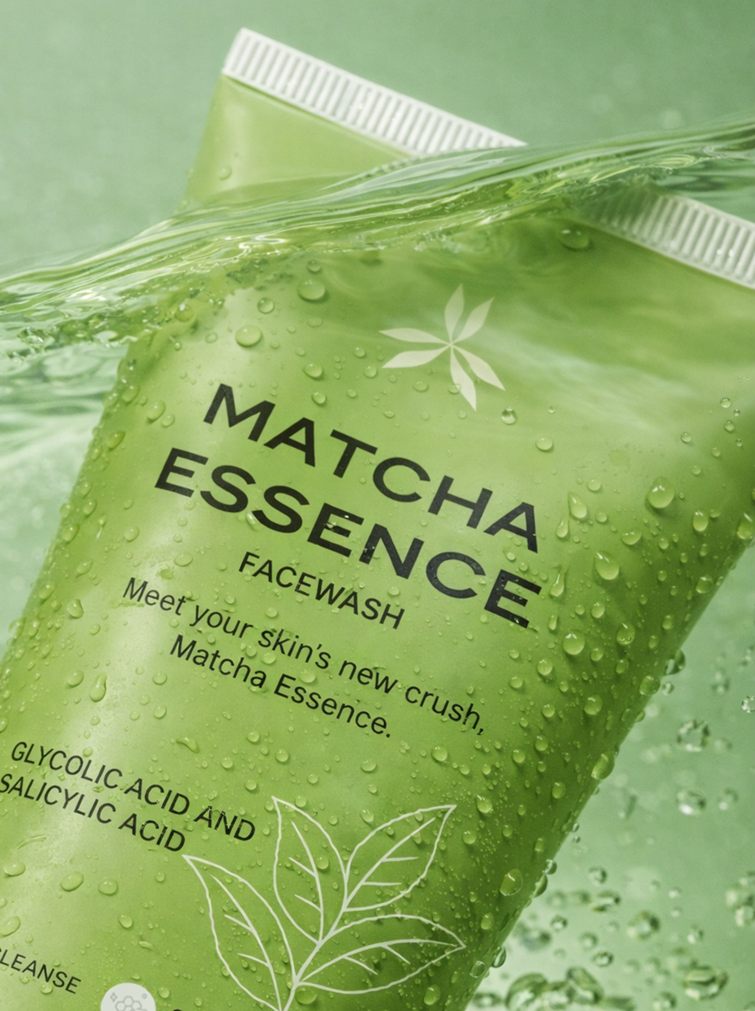Green packaging of Matcha Essence Facewash with water droplets on a green background