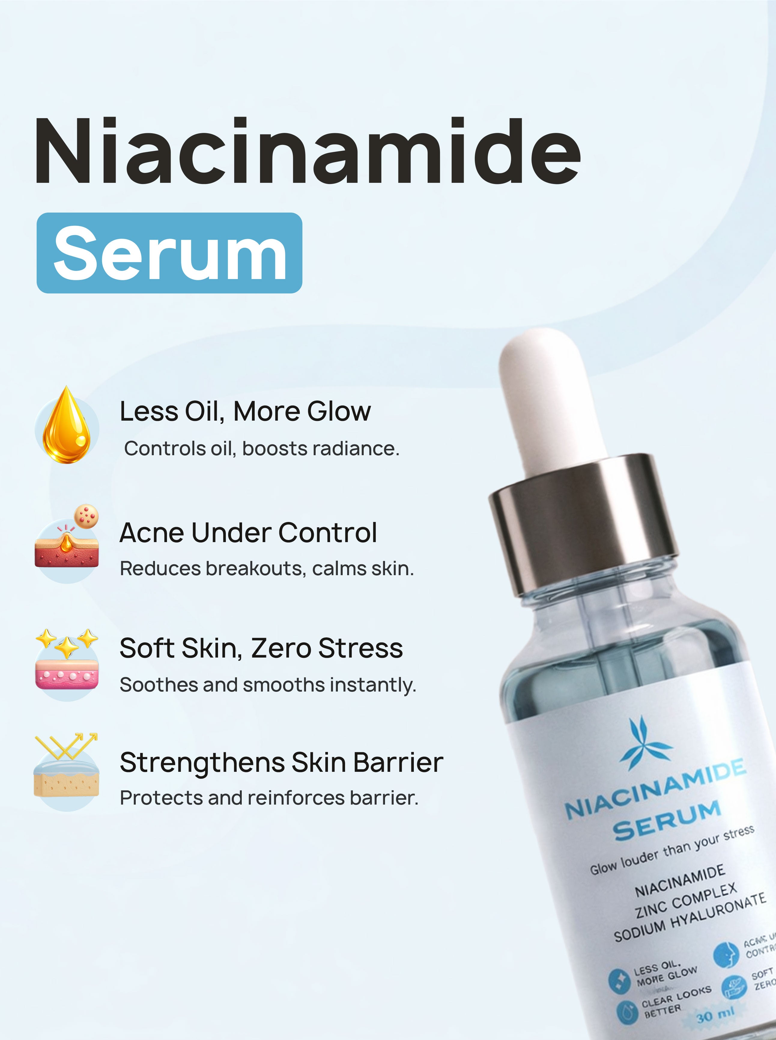 Niacinamide serum bottle with dropper and features on a light blue background 
