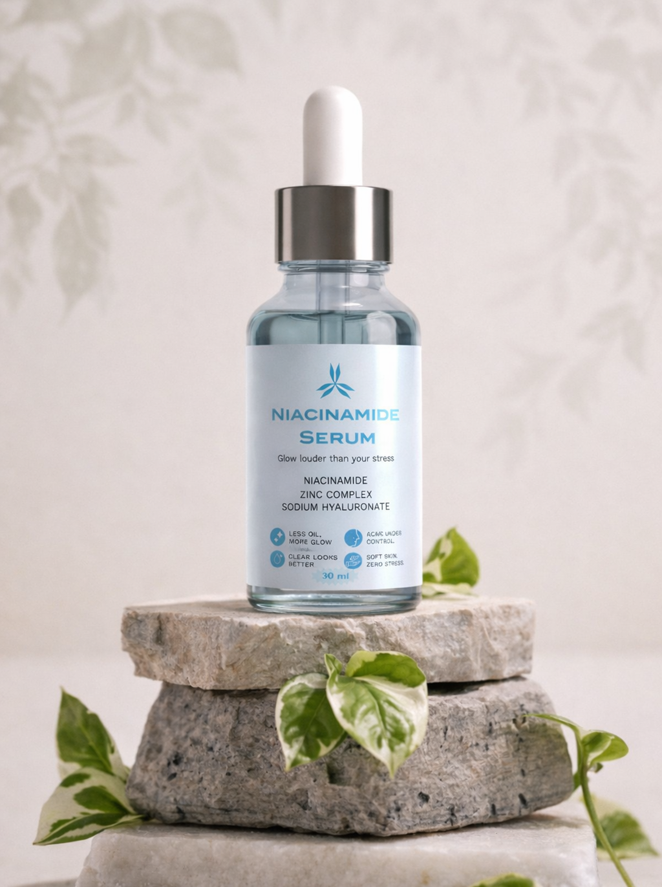 Niacinamide serum bottle on a stone surface with green leaves
